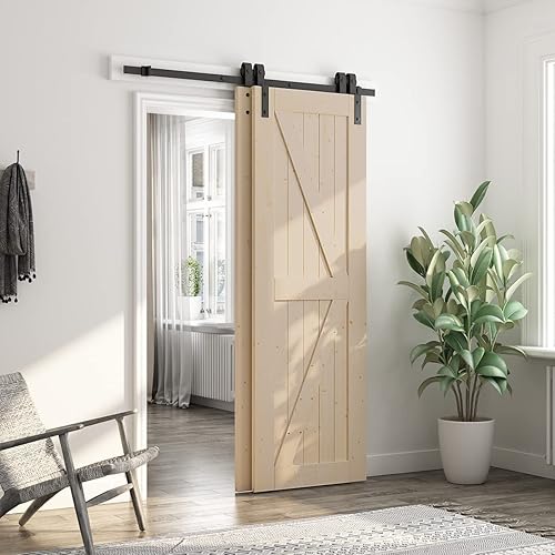 Miniatura 5 de SmartStandard Puerta corrediza de madera de granero de 30 x 80 pulgadas, preperforada, necesidad de montar, losa de madera de abeto maciza sin
