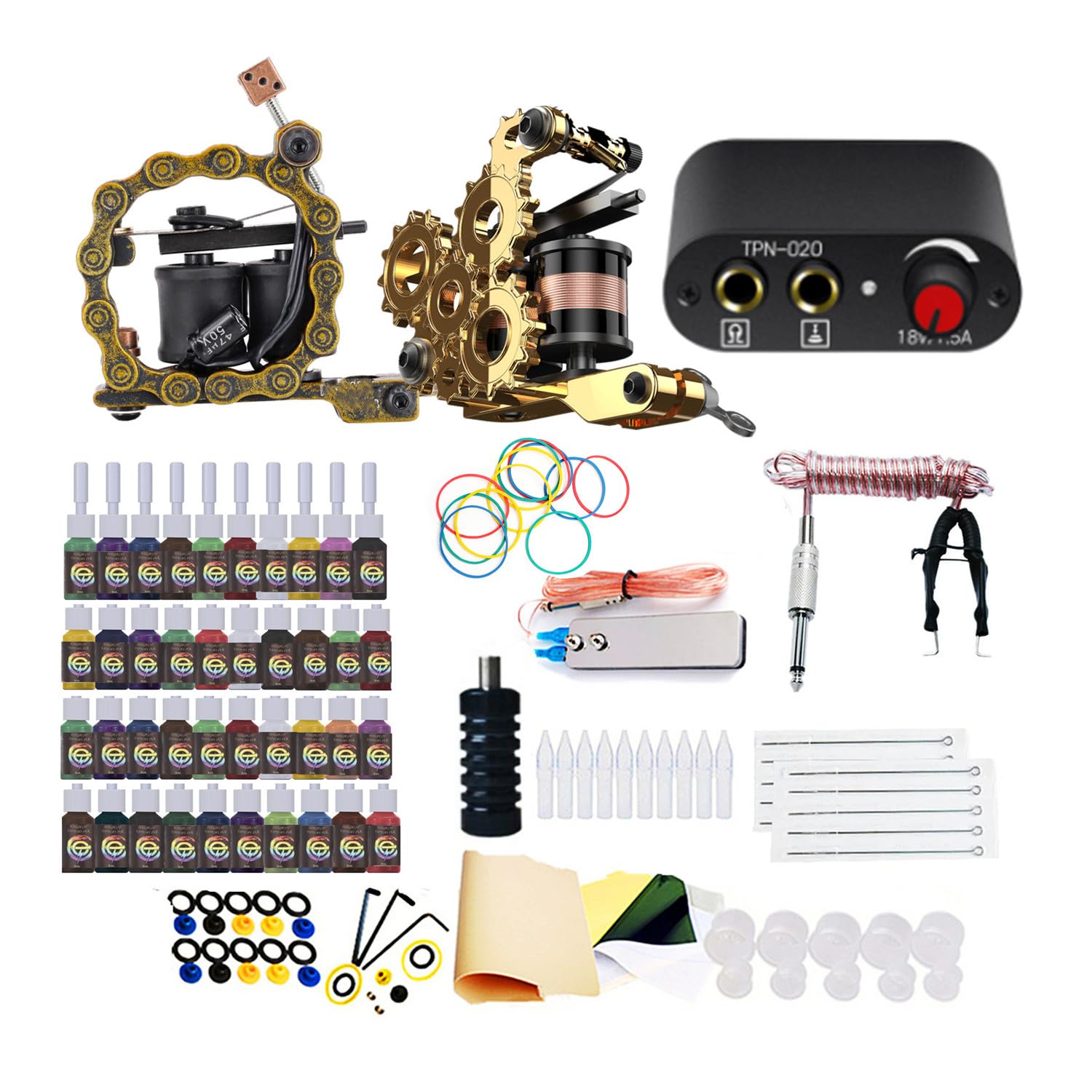 Kit de Tatuaje 2 Machine Set 40 Color Inks Kits Power Supply Complete Set Transfer Paper Practice Skin Disposable Supplies for Beginners with Everything