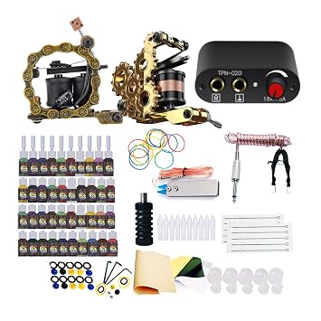 Kit de Tatuaje 2 Machine Set 40 Color Inks Kits Power Supply Complete Set Transfer Paper Practice Skin Disposable Supplies for Beginners with Everything