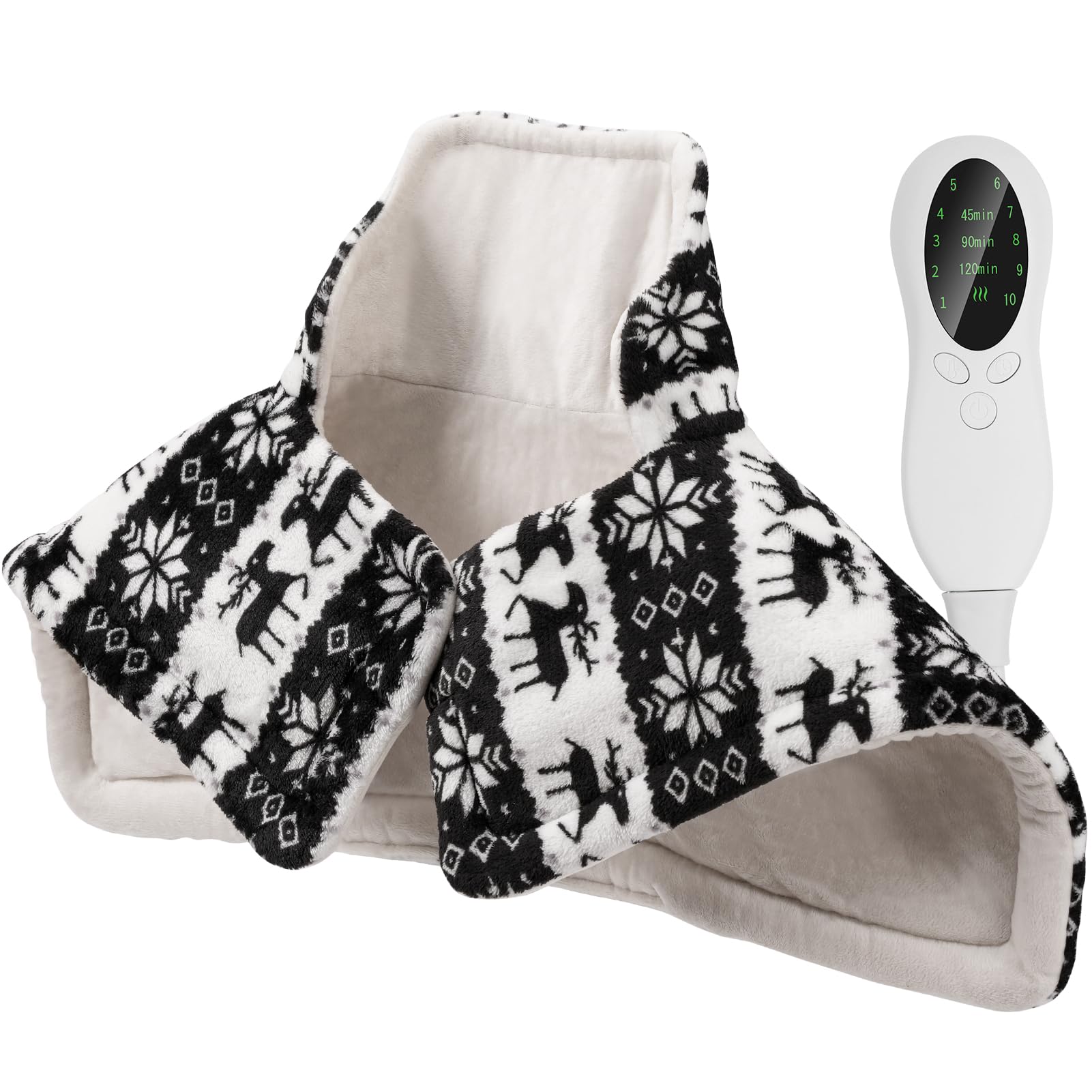 DEWEL coussin chauffant épaule et nuque 58x42cm - coussin cervical chauffant électrique en flanelle, 6 niveaux de température et lavable en machine - cadeau de noël avec motif renne noir et blanc
