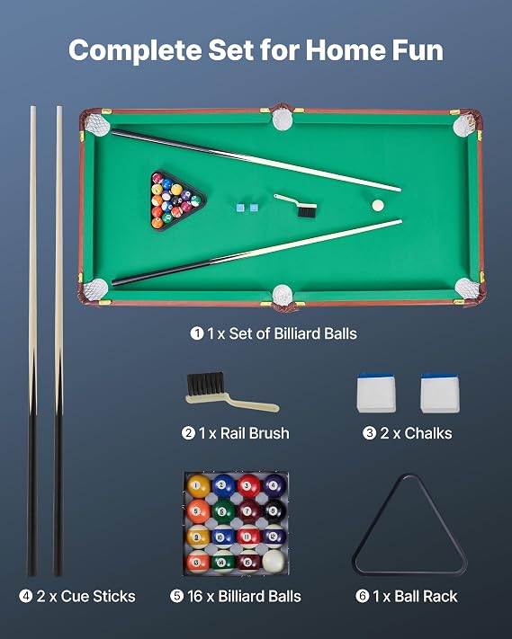 VEVOR Folding Pool Table,Portable Billiards Tables, Foldable Space-Saving Entertainment Game Set Includes Ball, Cue, Rack, Chalk, Brush, Brown with Bule Cloth, for Family Use, Recreation Room