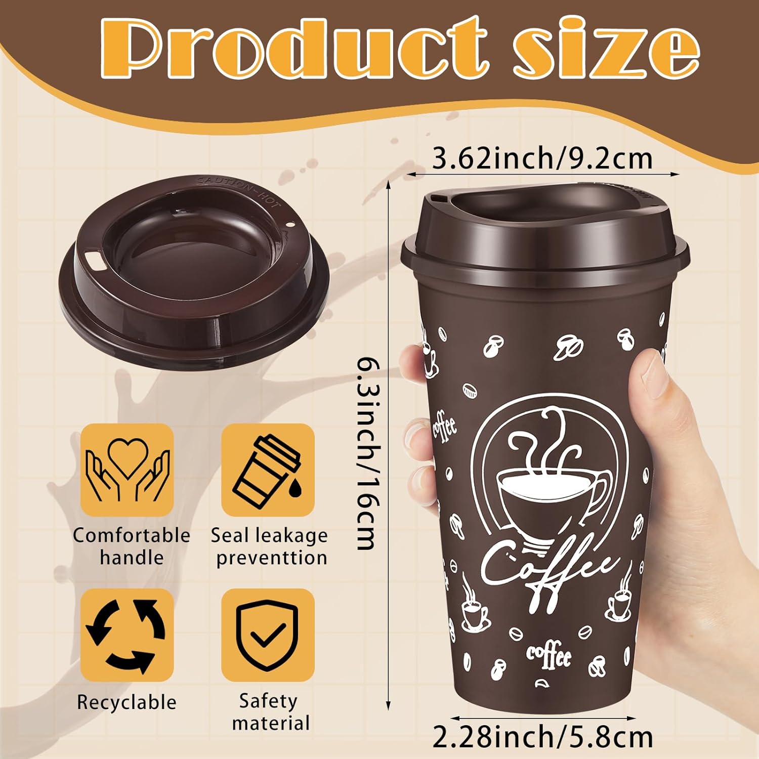 12 Sets Reusable Coffee Cups with Lids 16 oz Reusable Hot Cups Bulk Plastic Tumblers with Lids Travel Coffee Mug for Hot or Cold Drinks, Water (Brown,Classic) - Image 2