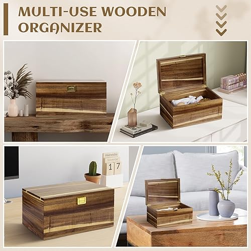 Miniatura 7 de Caja de recuerdos de madera con tapa con bisagras, caja grande de almacenamiento de memoria de madera de acacia, 11.8 x 7.8 x 5.9 pulgadas, caja