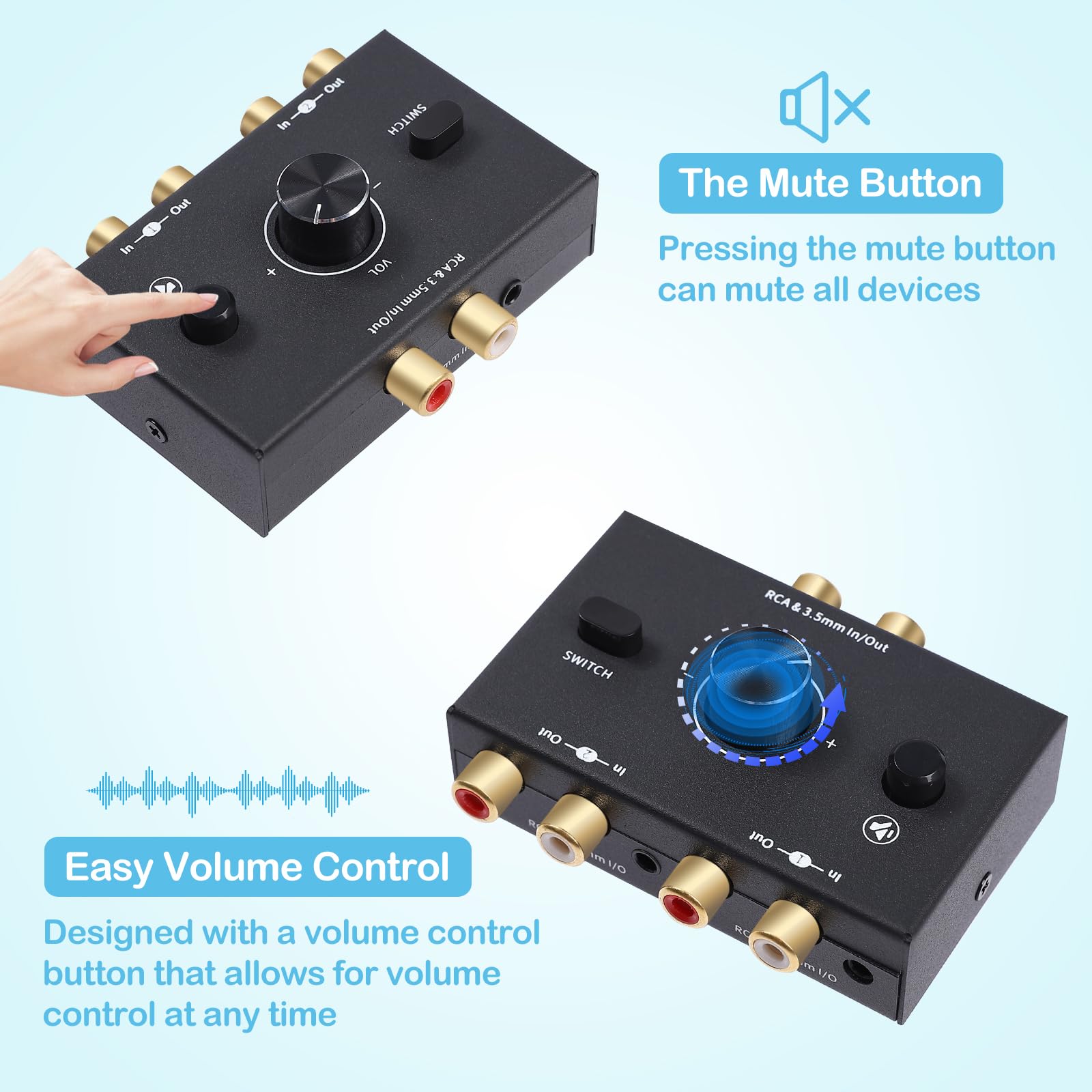 Commutatore Audio Bidirezionale RCA/3.5mm – 1 Ingresso 2 Uscite, Passivo, In Metallo, Con Controllo Volume