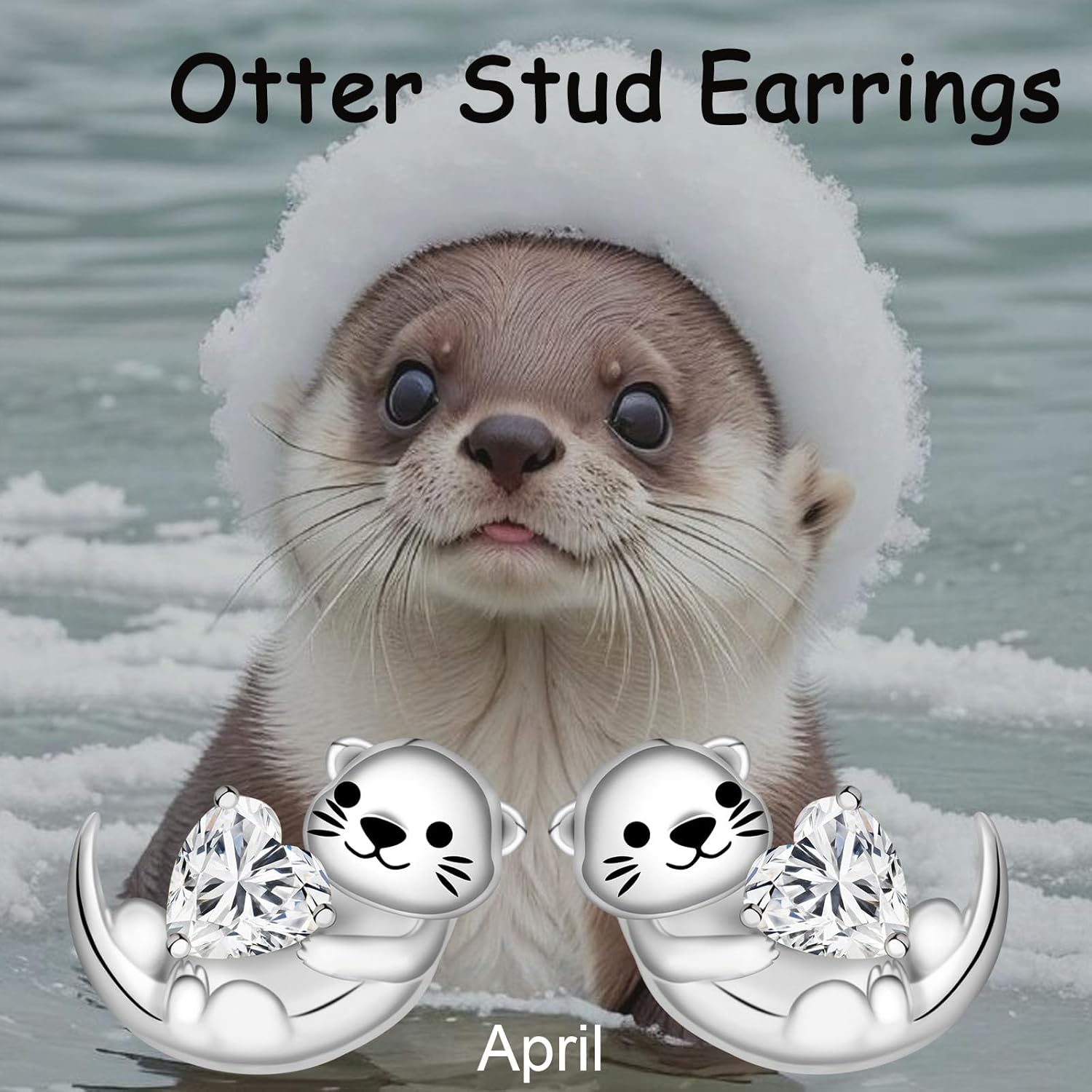 Cute Otter Earrings for Women - 925 Sterling Silver Birthstone Sea Otter Stud Earrings Cute Animal Stud Heart-Shaped CZ Hypoallergenic Jewelry Gift