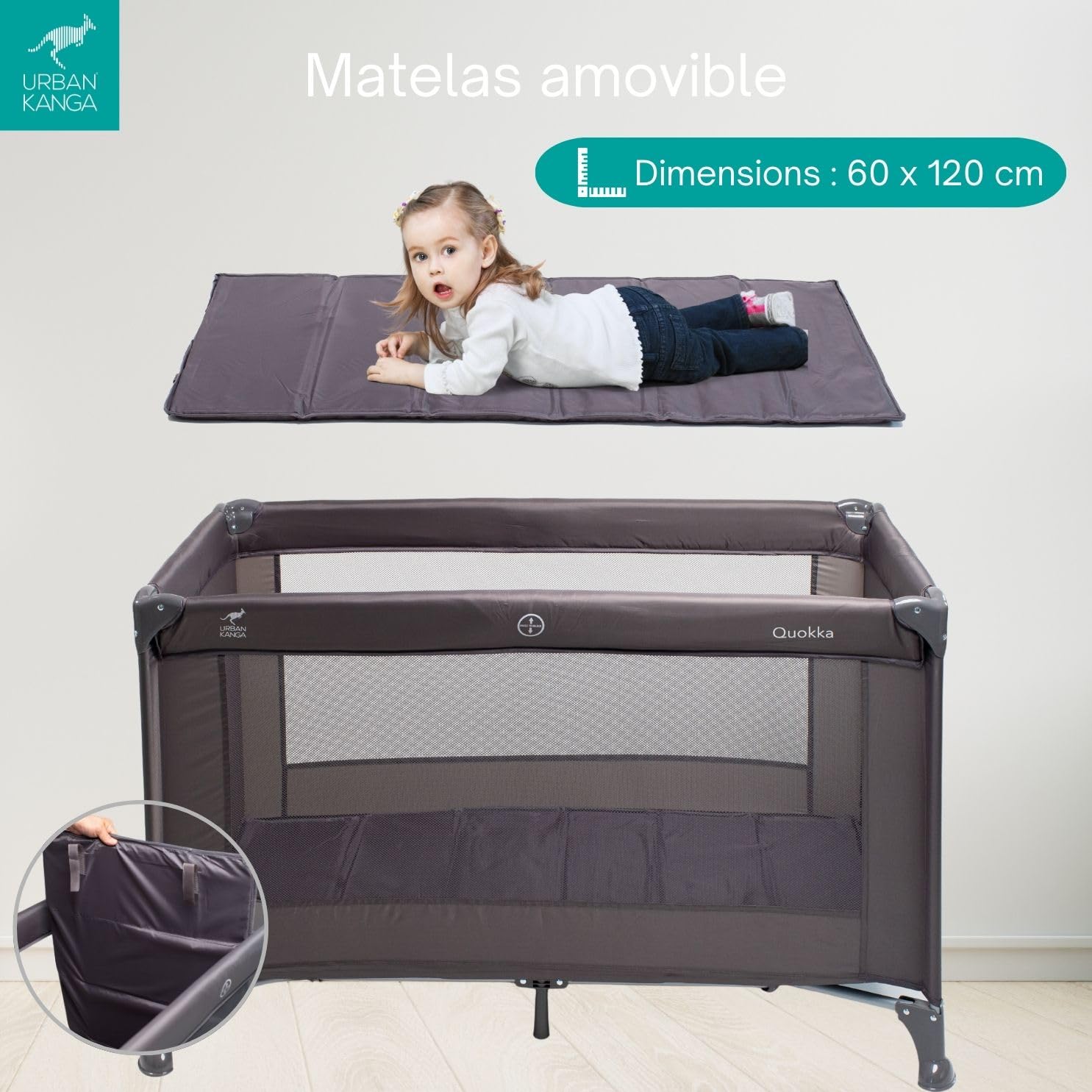 Urban Kanga QK Lit Parapluie Bebe avec Matelas Lit de Voyage 60x120cm (QK, Gris)