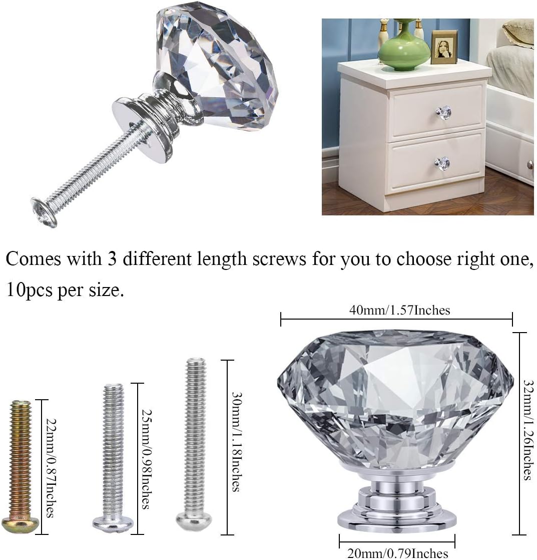 HOMEIDEAS 10PCS 40MM Crystal Drawer Knobs Glass Cabinet Knobs Diamond Shaped Drawer Pulls Handle for Home, Cabinet, Cupboard and Dresser, 3 Size Screws