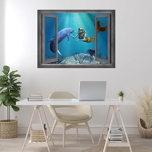 Miniatura 3 de wall26 Decoración creativa de pared con ventana abierta, hermoso dibujo de interacción de sirena y delfín, mural de pared, adhesivo extraíble, 36 x