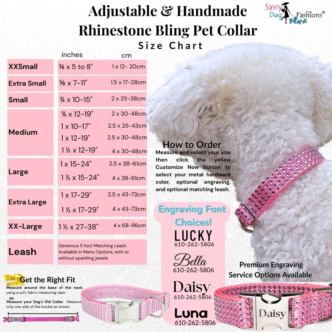 Fancy Engraved Rhinestone Dog Collar and Leash, Handmade USA, Faux Diamond Bling Dog Collars Gift, Resin Personalized Rhinestones Collar for Pet Puppy Small Medium Large Dogs (Pink, Medium 1 x 10-17")