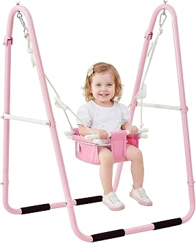 FUNLIO Baby Swing Set for Toddlers 6-36 Months, Foldable & Portable Swing for Indoor & Outdoor, Heavy Duty Metal Frame, Includes 2 Weight Bags & 4 Anti-Slip Pads, Easy to Assemble & Store Pink