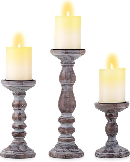 Inweder Wooden Candle Holders Pillar - Set of 3 Wood Candlestick Holders Rustic Candle Holder Set Distressed Brown Pillar Holders Tealight Holders for Wedding Table Centrepieces Farmhouse Home Decor
