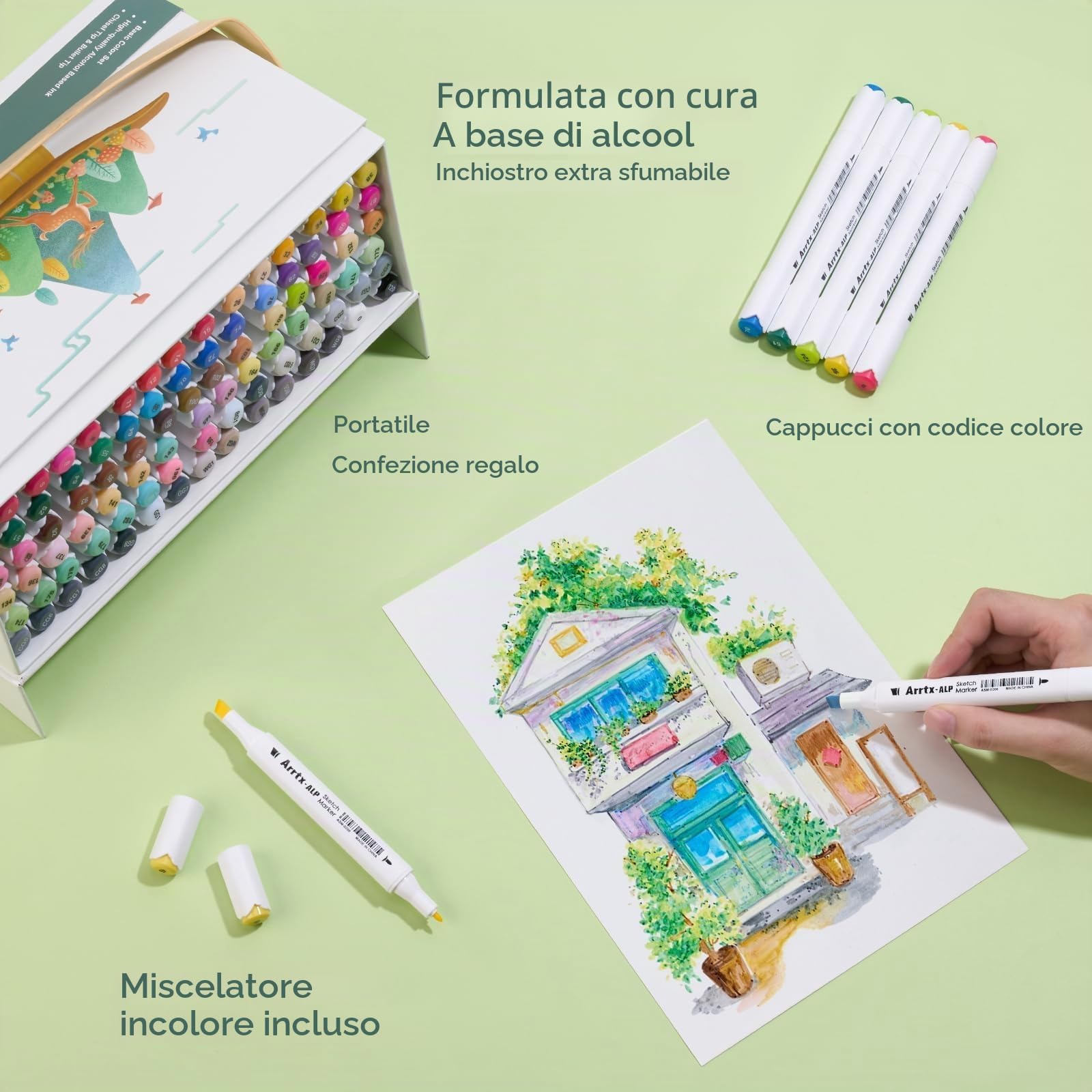 Arrtx Set 90 pennarelli ad alcol ALP a punta fine scalpello per tecniche artistiche complete. Ideali per pittura, illustrazione, manga e progetti di colorazione per adulti.
