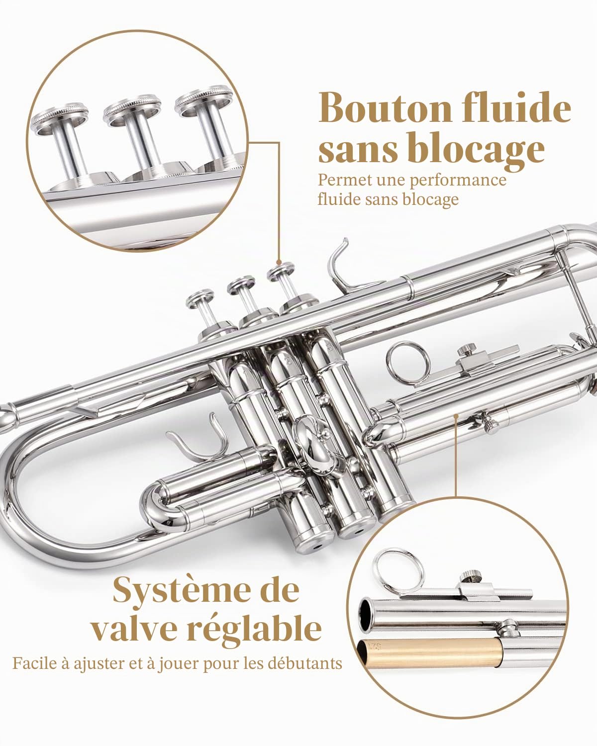 Coffret trompette Eastar en si bémol pour débutants, instrument de musique en cuivre pour étudiants, étui rigide, kit de nettoyage, embouchure 7C et gants, ETR-380N, argent