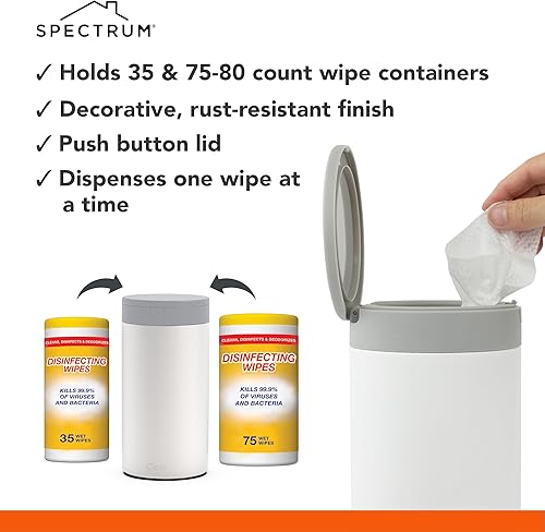 Miniatura 3 de Spectrum - Contenedor de toallitas desinfectantes con tapa de botón  Dispensador recargable para baño, cocina, aula, encimera y hogar  Soporte de