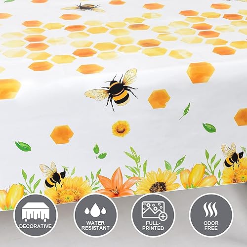 Miniatura 4 de WERNNSAI Mantel de abeja  Paquete de 2 manteles de 108 x 54 pulgadas, decoración de fiesta de cumpleaños de abeja, manteles desechables de plástico