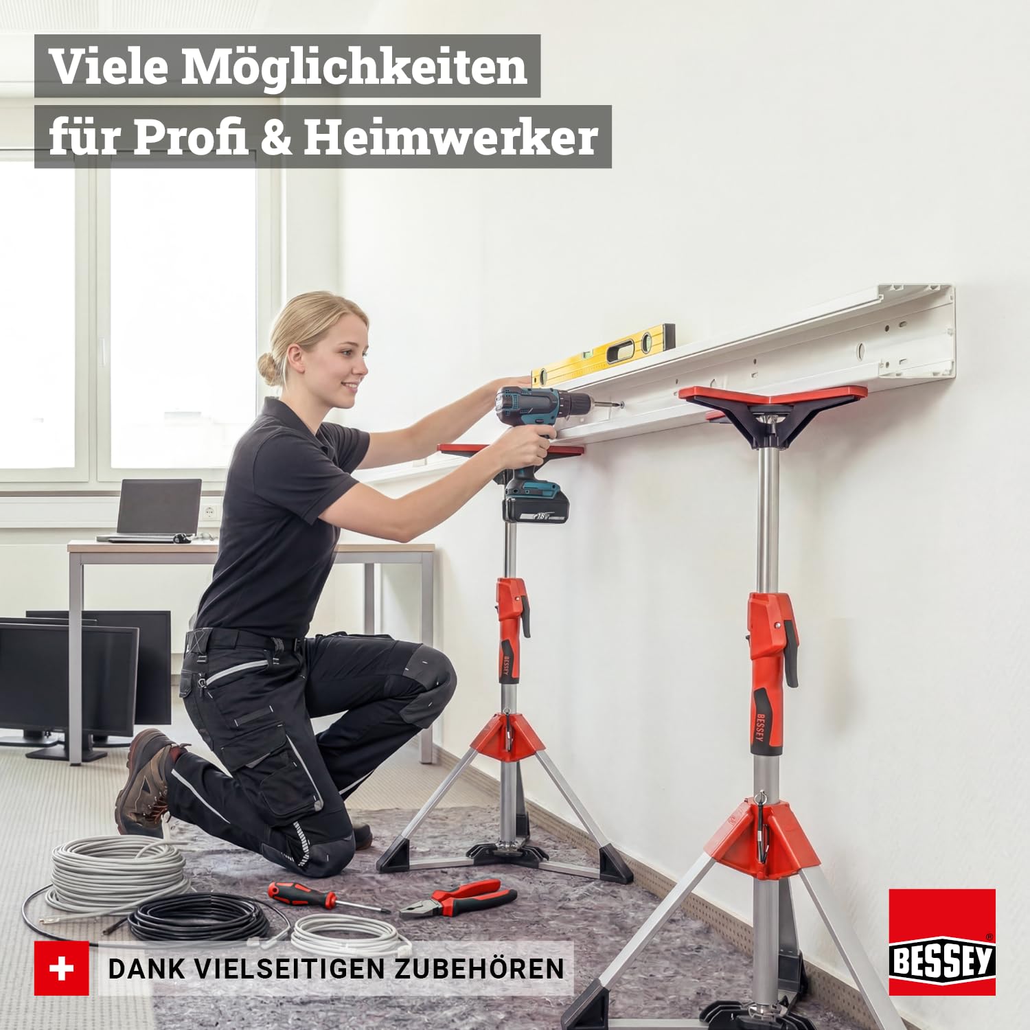 BESSEY Decken- und Montagestütze STE90 mit Pumpgriff, Verstellweg 575-910 mm, äußerst stabile Konstruktion durch hochbelastbare Stahlrohre, Einhandbedienung, Gewicht 1,80 kg