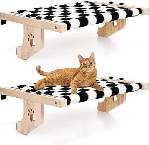 Suzile Juego de 2 perchas para ventana de gato con marco de madera maciza resistente, hamaca para ventana de gato con alfombrilla de franela,
