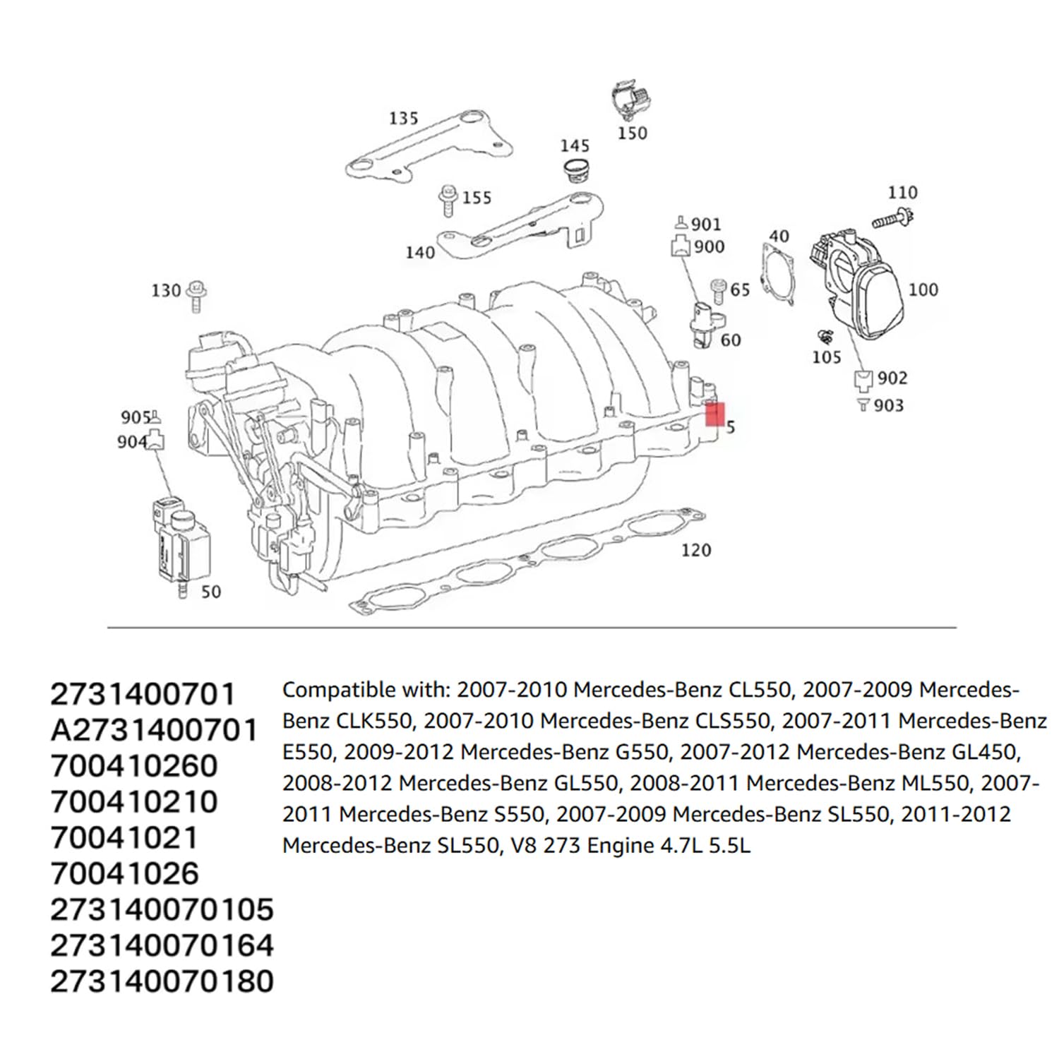 2731400701 Aluminum Engine Intake Manifold 700410260 Fit for Mercedes-Benz E550 GL450 GL550 CL550 CLK550 G550 ML550 S550 SL550 M273 V8 2007-2012