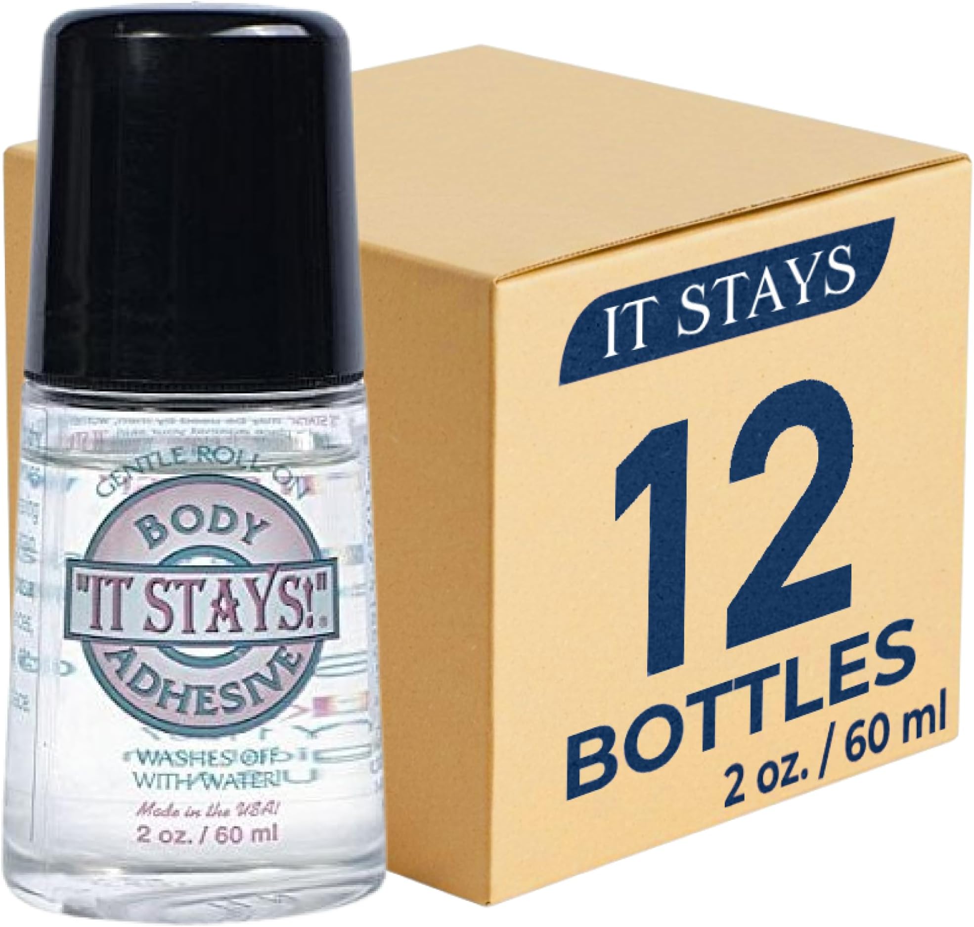 It Stays Roll On Body Adhesive Applicator Mask Glue, 2 fl oz - Made in USA - 12 Pack