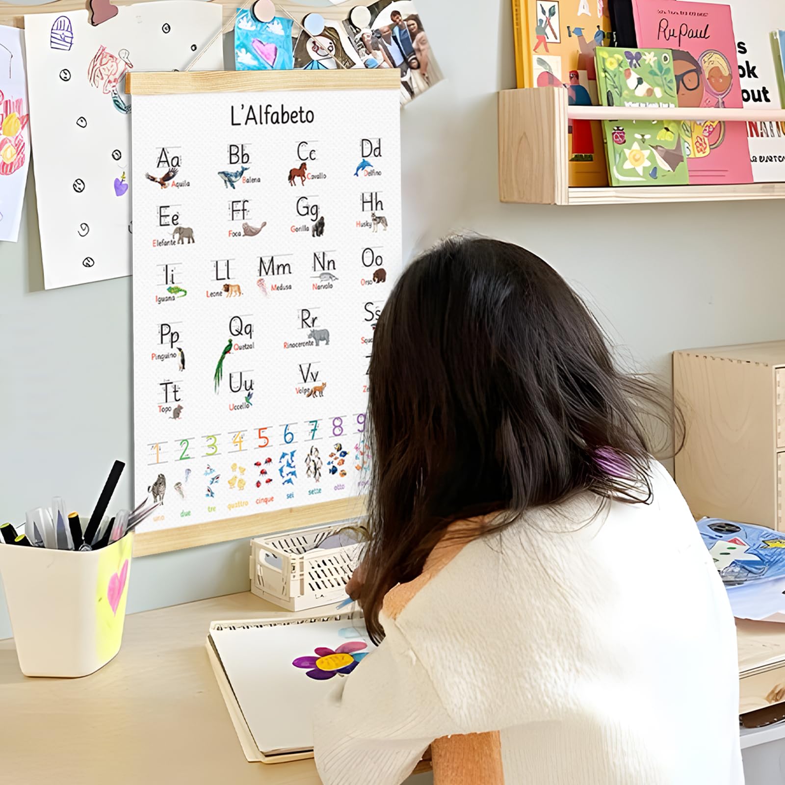 GEBETTER Alfabetiere Murale da Appendere Scuola con Numeri Animali, Poster Lettere Italiano Abecedario da Muro