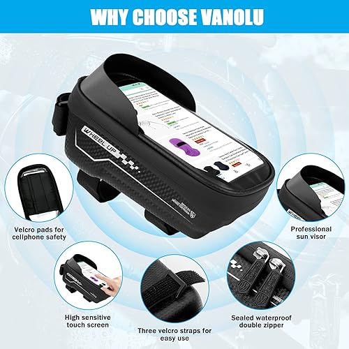 Miniatura 5 de Vanolu Bolsa de marco frontal para teléfono de bicicleta, bolsa de montaje de teléfono para bicicleta, bolsa de manillar de tubo superior de
