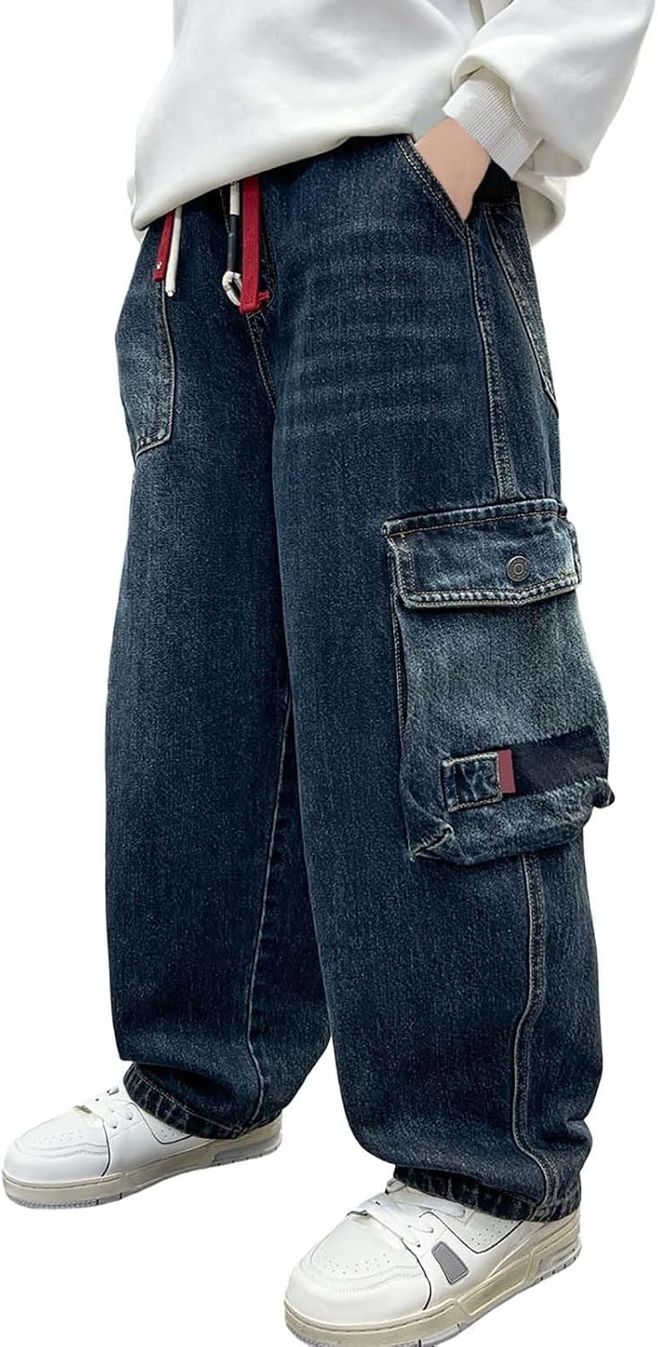 Baggy Jeans for Boys Kids Elastic Waist Ripped Wide Leg Cargo Pants Distressed Denim Pants Kids Casual Y2K Jeans