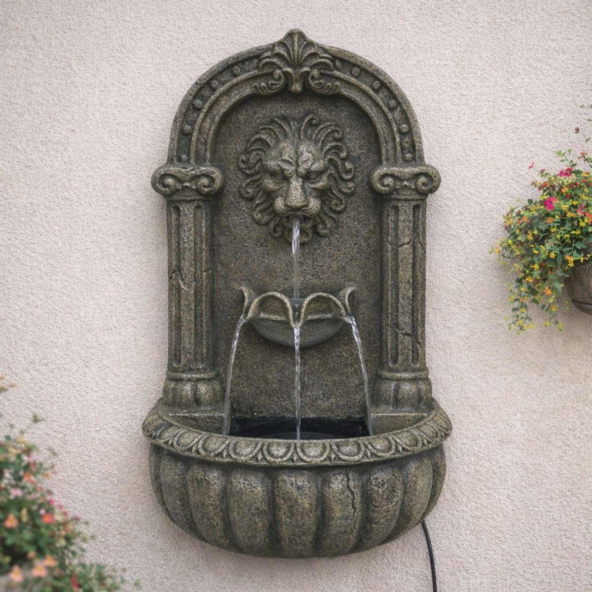 Festive Lights Fontaine solaire à LED - 55 cm - Tête de lion italienne - Solaire et USB - Fontaine de jardin pour l'intérieur et l'extérieur - Jeu d'eau de jardin