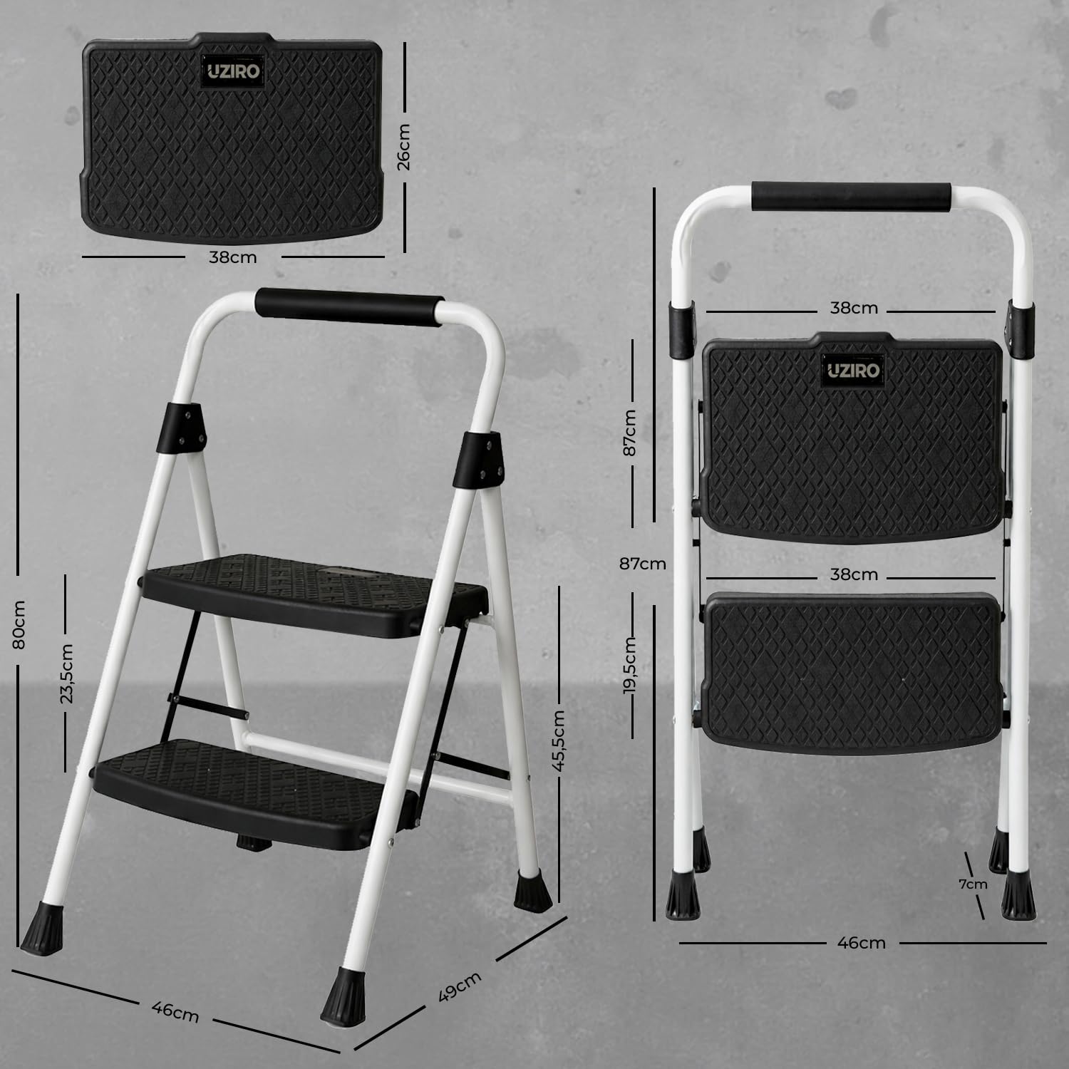 UZIRO Escalera Plegable 2 Peldaños, Estructura de Acero y Aluminio, Color Blanco, Peldaños Antideslizantes, Asa de Goma, para Hogar, Cocina, Oficina y Bricolaje