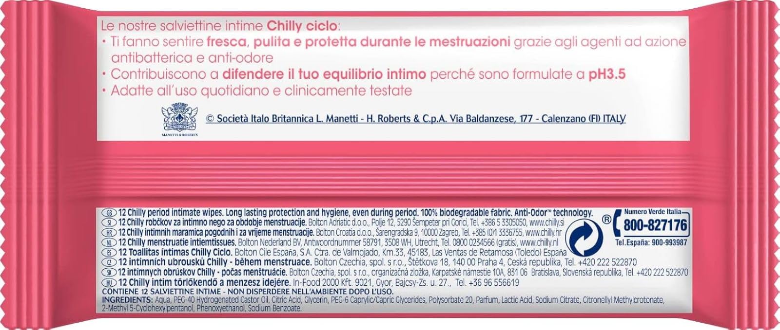 Chilly, Salviettine Ciclo, Salviette per l'Igiene Intima, Tessuto 100 % Biodegradabile, Ideali Fuori Casa, PH 3.5, Clinicamente Testato, Confezione da 12 Salviettine