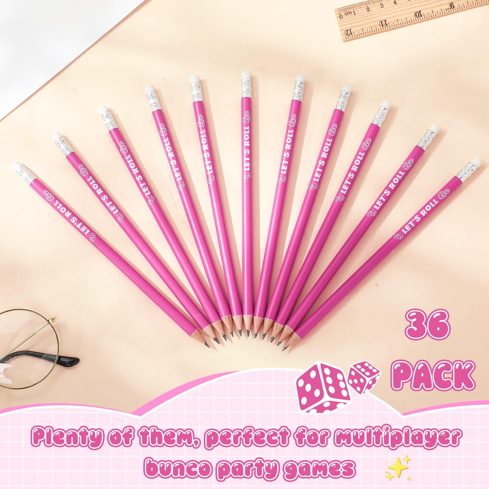 Sinload 36 Pcs Bunco Let's Roll Pencils with Eraser Player Game Scoring, Wooden Pink Pencils Suitable for Writing, Drawing and Bunco Party Supplies