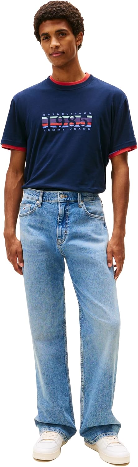 Tommy Jeans Men's Short Sleeve Solid Cotton Graphic T-Shirts with Signature Printed 1985 Graphic