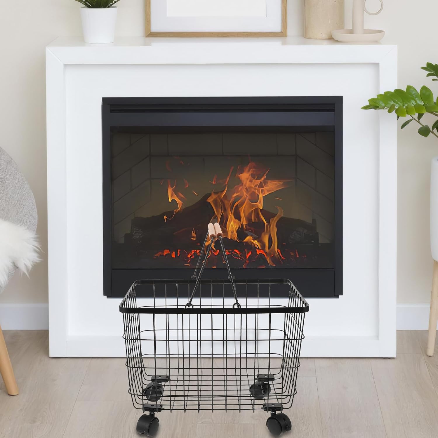 Generic Fireplace Log Holder: Metal Log Basket with Wheels - Indoor Firewood Storage Rack - Iron Wire Firewood Carrier for Christmas Winter Holiday