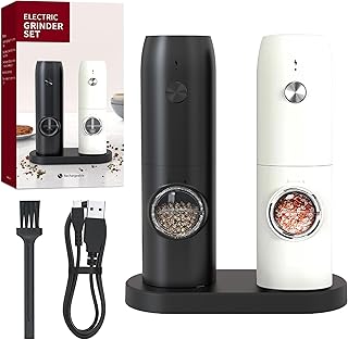 Neluxfe Electric Salt and Pepper Grinder Set, Salt and Pepper Mills with Adjustable Coarseness LED Light, Electric Pepper Mill Salt Grinder Refillable Pepper Mills Grinders(Black and White)
