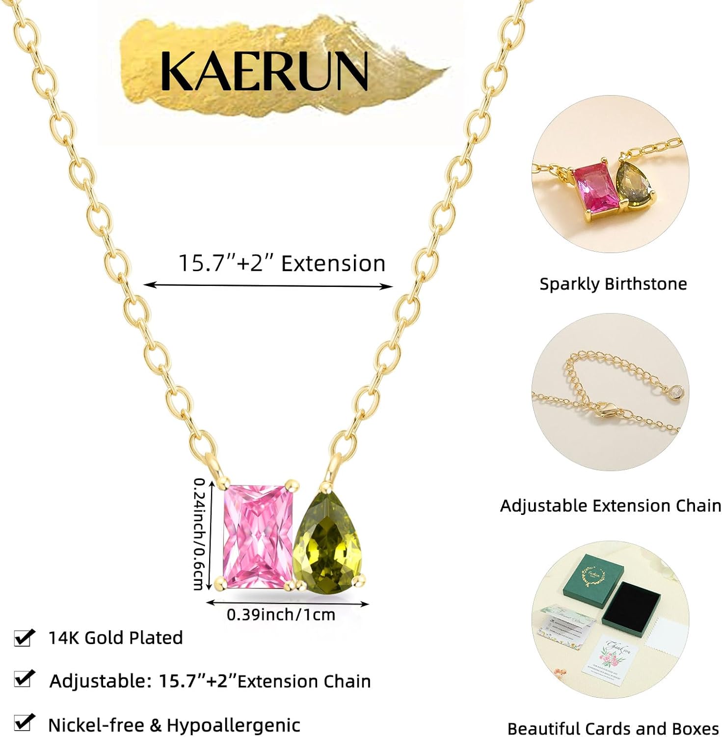 KAERUN Valentine's Day Gift Gold Birthstone Necklaces for Women Non Tarnish Dainty 2 Birthstone Pendant Necklace 14K Gold Plated Square Teardrop CZ Necklace for Mom Daughter Anniversary Birthday Gift - Image 5