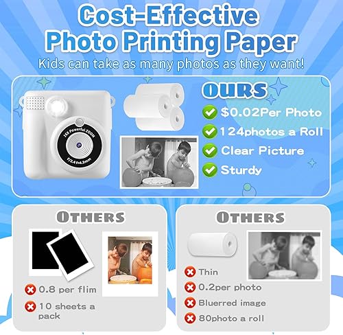 Miniatura 9 de Cámara de impresión instantánea para niños con 3 rollos de papel de impresora, 1080P juguetes de cámara digital para niños de 3 a 12 años con