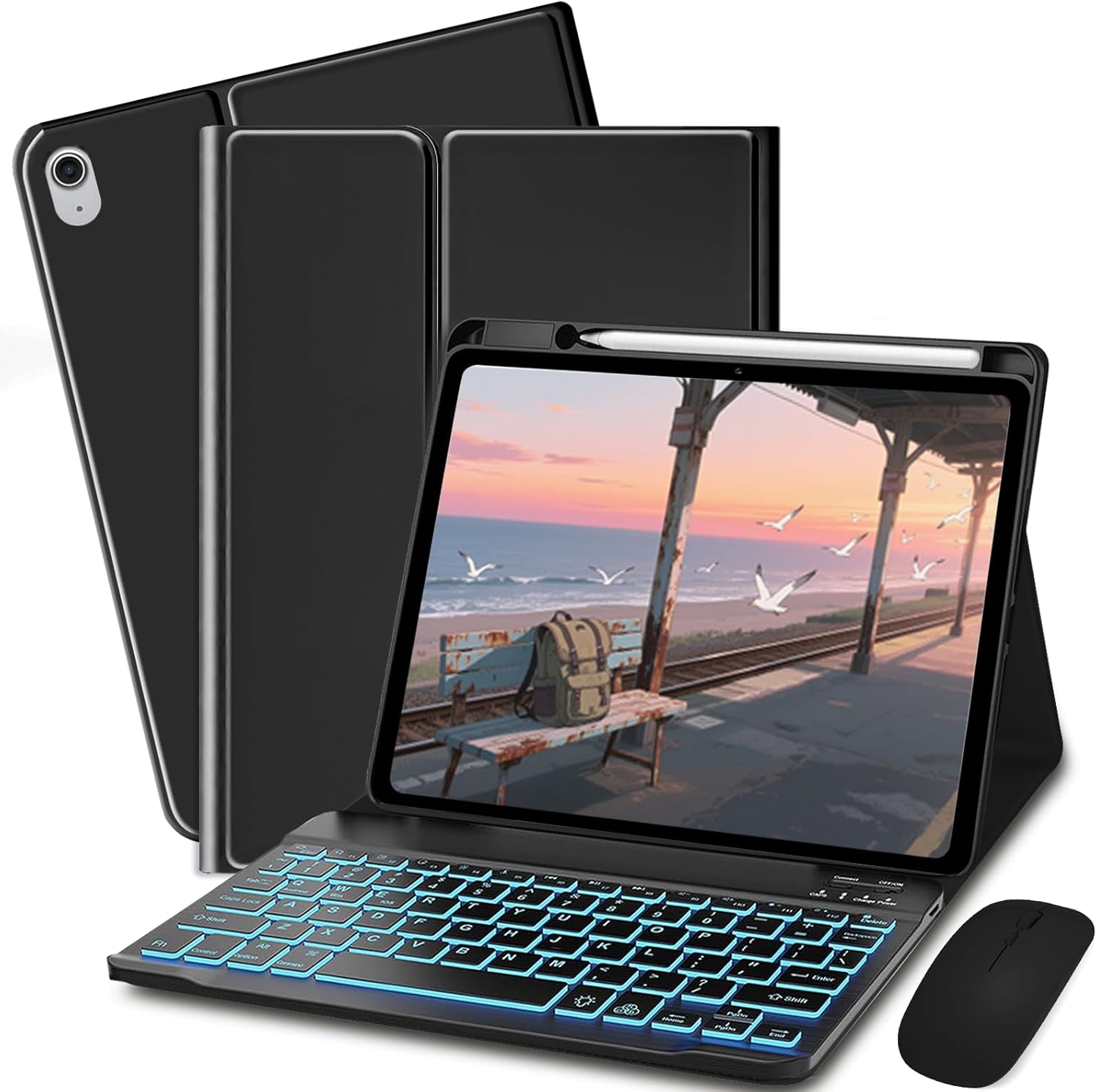 Keyboard Case for iPad 10th / A16 11th Generation 2022/2025-7 Colors Backlit Keyboard Cover and Mouse (Black)