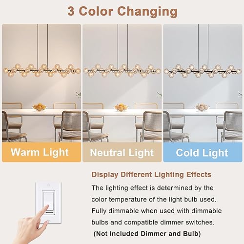 Miniatura 4 de Candelabro lineal moderno de 22 luces Sputnik con pantalla de vidrio a rayas ámbar de 70 pulgadas de largo para comedor, sala de estar, isla de