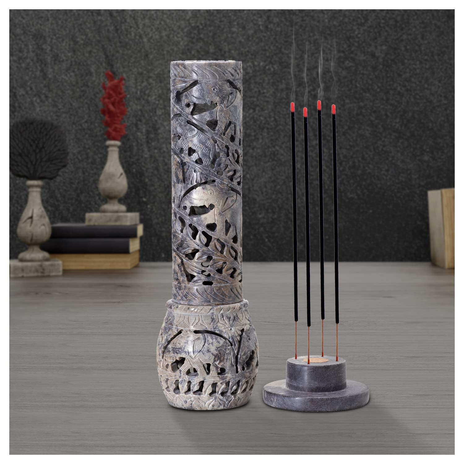 Aheli Soapstone Jali Work Handcrafted Round Incense Stick Tower Burner Holder Spa Aromatherapy Home Office Fragrance Accessories