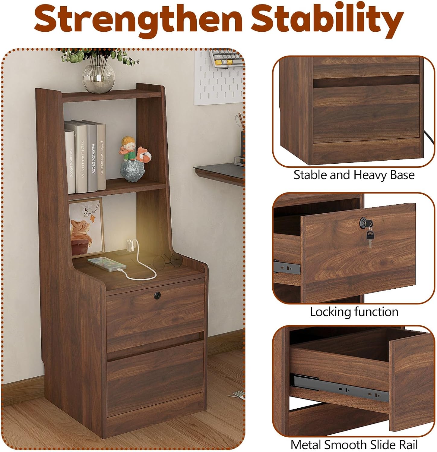 Modern Smart Nightstand with Night Light & Charging Station, Night Stand with Bookshelf, Lockable Bedside Cabinet Tables with 2 Storage Drawers for Bedroom Home Office (Brown)