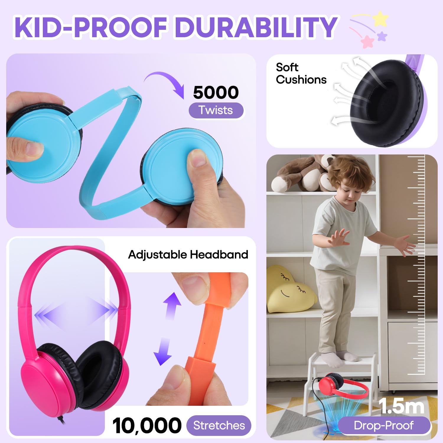Cuffie per aule per bambini, confezione da 10 pezzi, resistenti, con cavo, set di classe per studenti, biblioteca, scuola, Chromebook, laptop, computer, con jack da 3,5 mm (HY30, 10 misti)