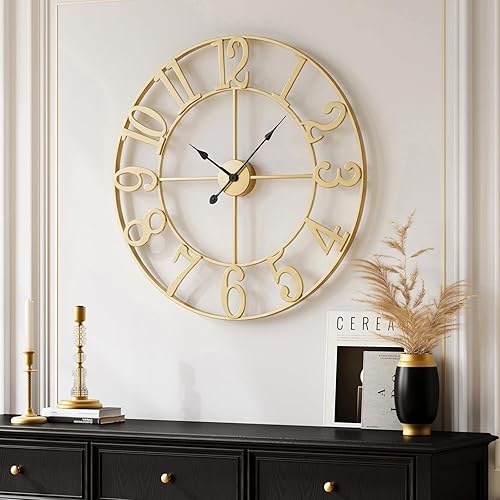Miniatura 42 de Reloj de pared de 24 pulgadas, relojes de pared grandes para sala de estar, reloj redondo de metal decorativo, funciona con pilas, silencioso, sin
