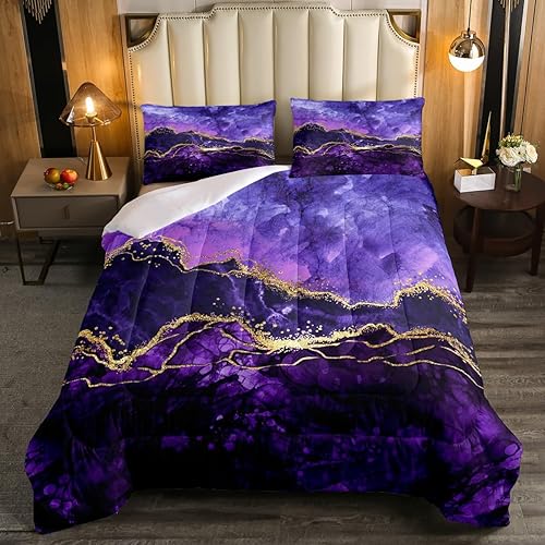 Miniatura 2 de Juego de ropa de cama de mármol morado, juego de edredón abstracto dorado y morado, edredón de plumón de arte fluido de tinta iridiscente, arte de