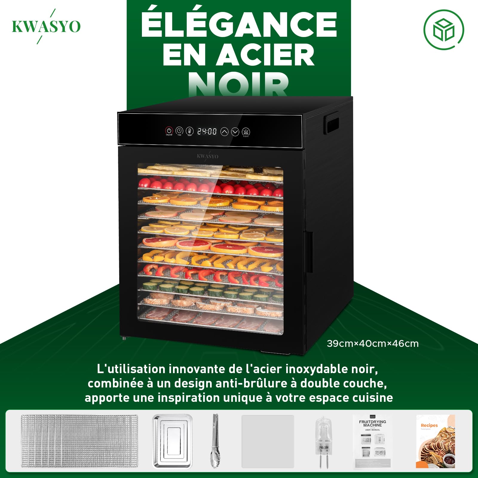 Kwasyo Déshydrateur Alimentaire 12 Plateaux en Acier Inoxydable, Tout en Noir, Structure à Double Couche, Grande Capacité Déshydrateur Commercial pour Fruits, Poissons, Légumes, Viande, Jerky, Herbes