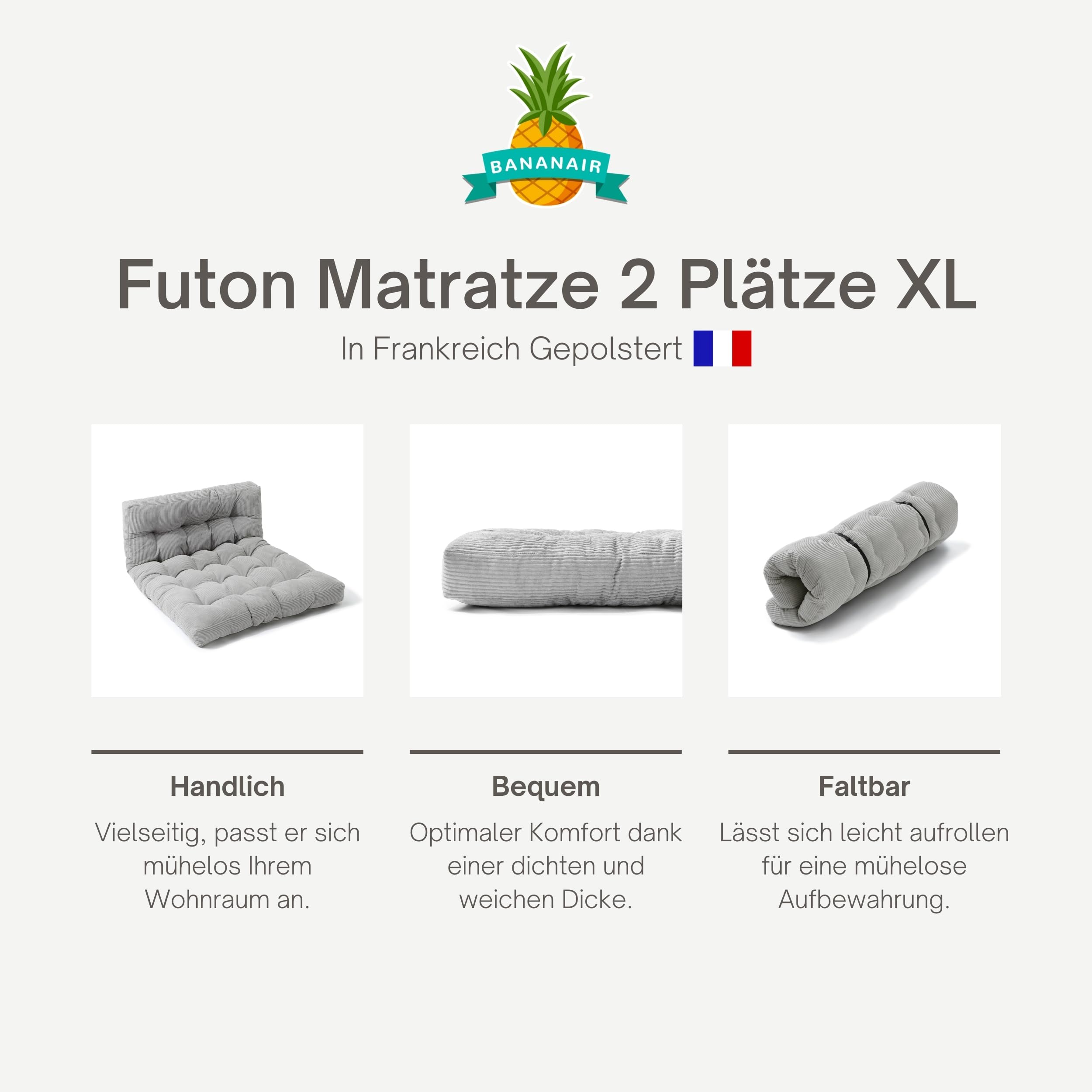 bananair - Futon für 2 Personen, Bequem & Dick, Schaumfüllung - Weicher & eleganter Breitcord Stoff - Inklusive Gurte, praktische klappbare Bodenmatratze (160x200 cm, Hellgrau)