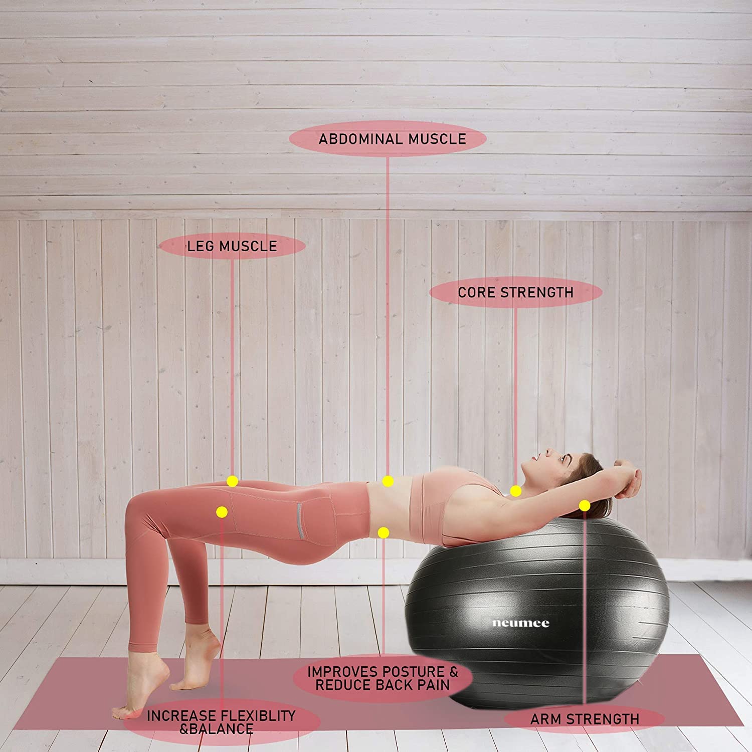 Sedia a sfera con fasce di resistenza, con base di stabilità, per palestra domestica, allenamento per fitness, grande dimensione 65 cm (nero)