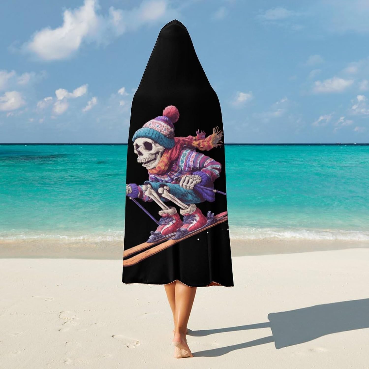 Skiing Skull Winter Sports Wearable Blanket Oversized Throw Cape | Cozy Hooded Blanket Gifts for Women Men