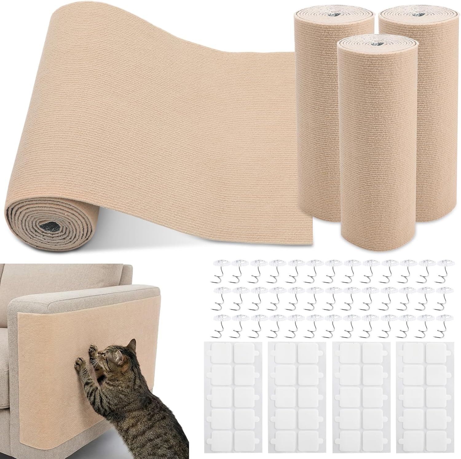 4 Pcs 118" x 15.8" Khaki Cat Scratch Mat, Trimmable Self-Adhesive Cats Scratch Carpet Couch Protector from Claw with Screws for Covering Cat Tower and Replacement Pads Wall Protector