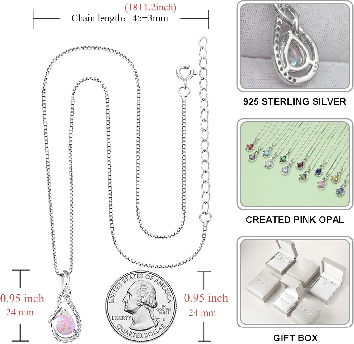 STARCHENIE Dangle & Drop Earrings Infinity Twisted Pendant Necklace 925 Sterling Created Pink Opal Jewelry Set for Women