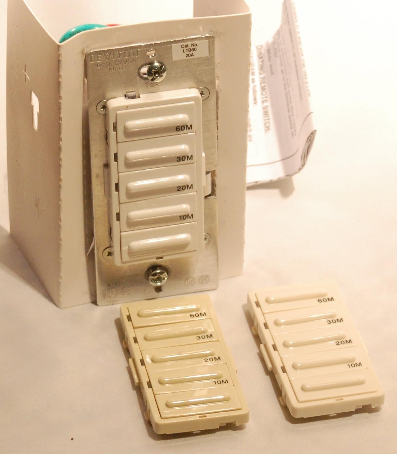 Leviton LTB60-1LZ Decora 1800W Incandescent/20A Resistive-Inductive 1HP Preset 10-20-30-60 Minute Countdown Timer Switch, White/Ivory/Light Almond faceplates included - Wall Timer Switches - 