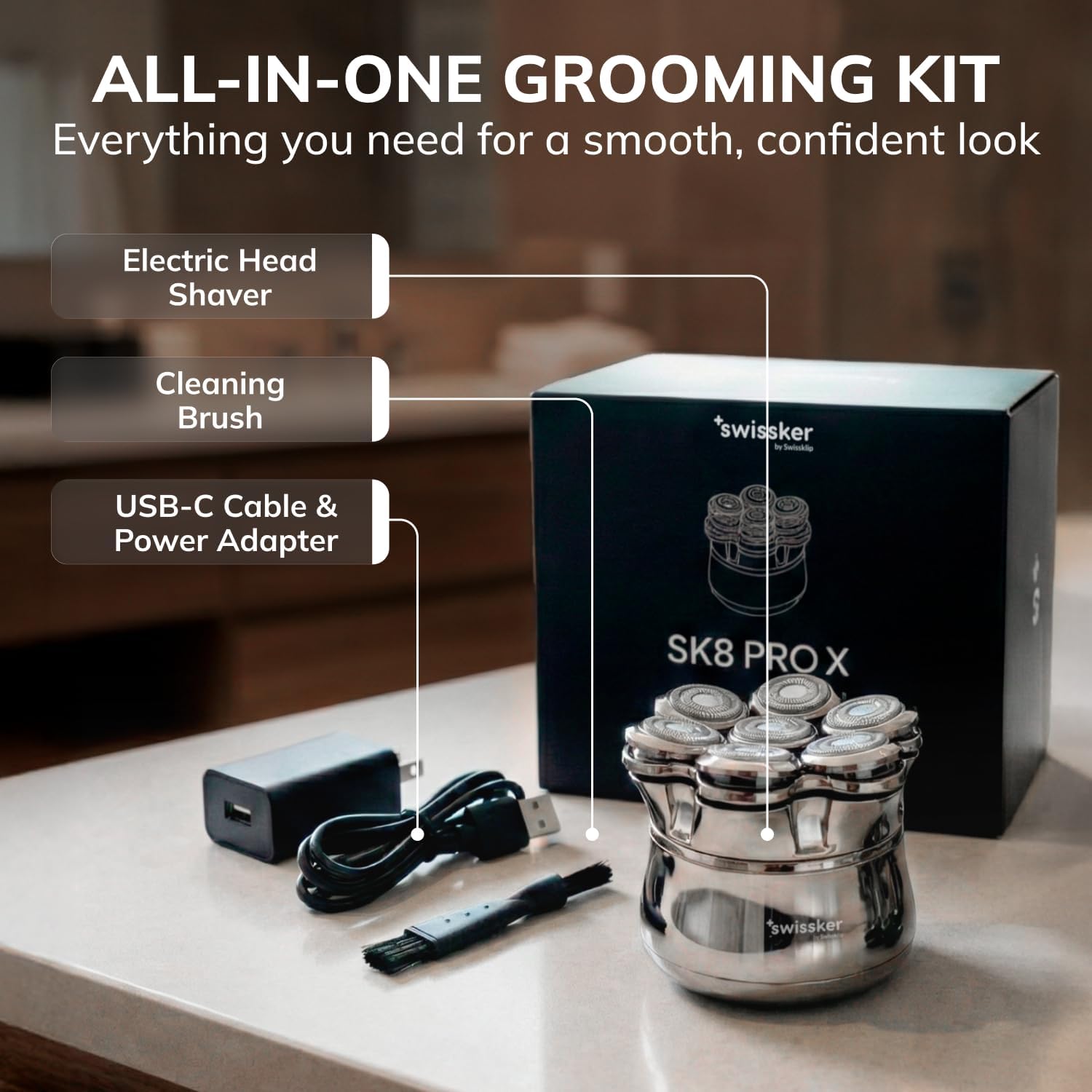 Swissker by Swissklip SK8 PRO X Magnetic Hair & Beard Shaver for Men, Head Shavers for Bald Men, USB C Charging